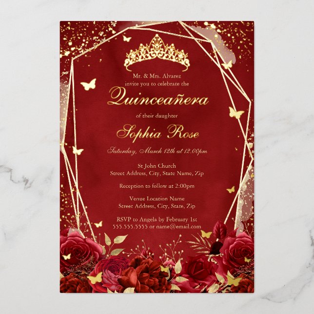 Invitation En Aluminium Royal Flower or Rouge Tiara Quinceanera (Recto)