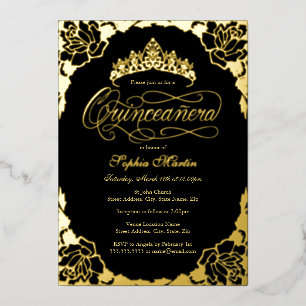 Invitation En Aluminium Royal Gold Noir Élégant Script Quinceanera 