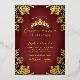 Invitation En Aluminium Royal Gold Rouge Vintage Floral Quinceanera