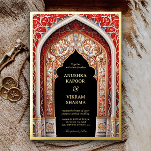 Invitation En Aluminium Royal Indian Palace Red Arch Black Mariage Gold