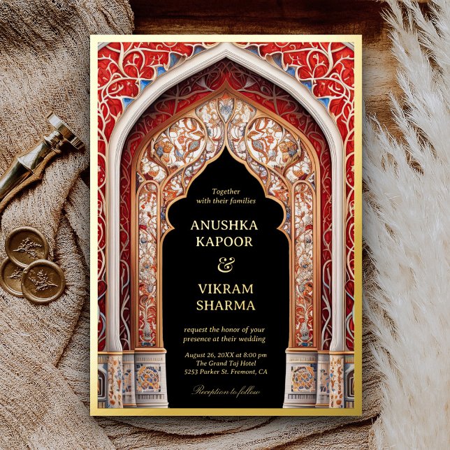 Invitation En Aluminium Royal Indian Palace Red Arch Black Mariage Gold (Créateur téléchargé)