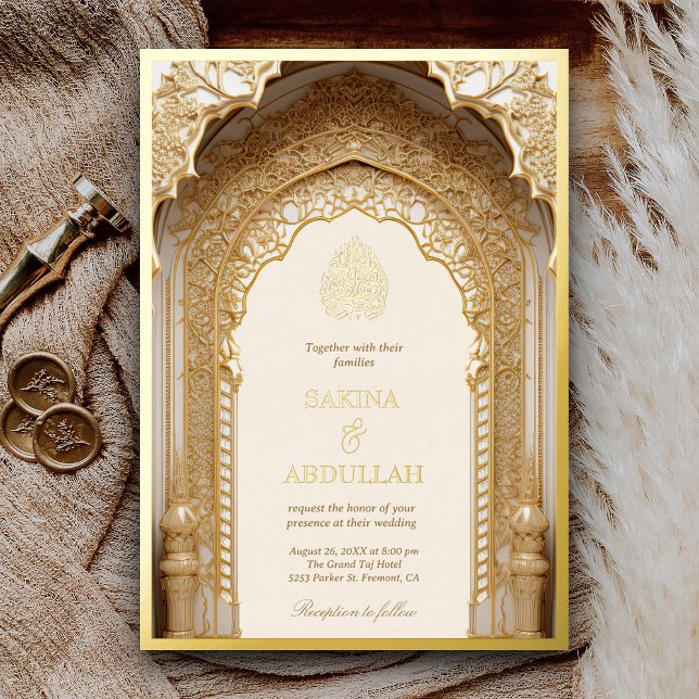 Invitation En Aluminium Royal Islamic Arch Cream Musulman Mariage Gold (Créateur téléchargé)