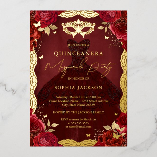 Invitation En Aluminium Royal Masquerade Party Red Gold Gown Quinceanera (Recto)