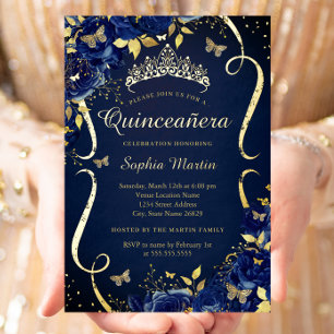 Invitation En Aluminium Royal Navy Gold Floral Butterfly Tiara Quinceanera