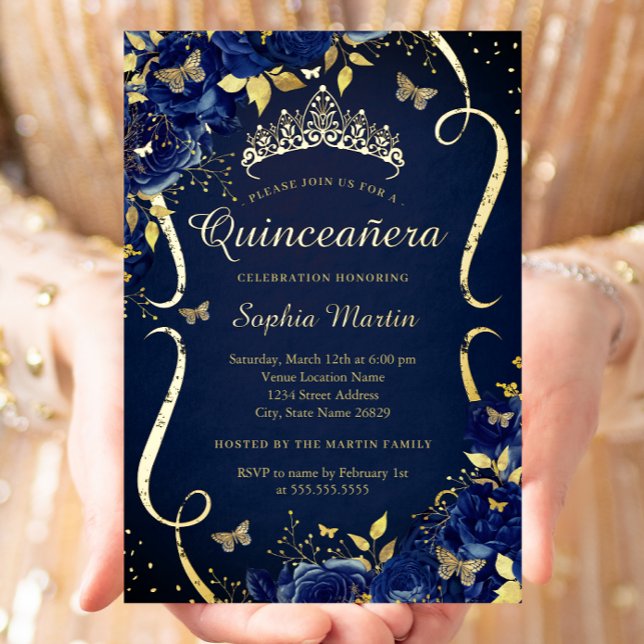 Invitation En Aluminium Royal Navy Gold Floral Butterfly Tiara Quinceanera (Créateur téléchargé)