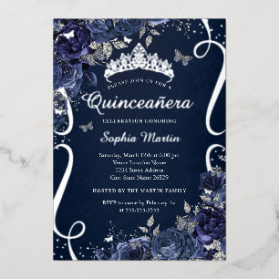 Invitation En Aluminium Royal Navy Scroll Floral Papillon Quinceanera