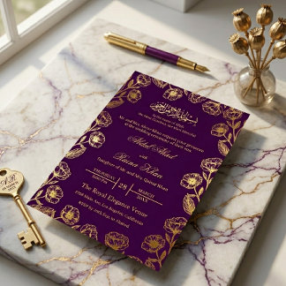Invitation En Aluminium Royal Purple Floral Gold Foil Islamic Muslim Nikah