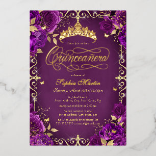 Invitation En Aluminium Royal Purple Gold Butterfly Rose Quinceanera