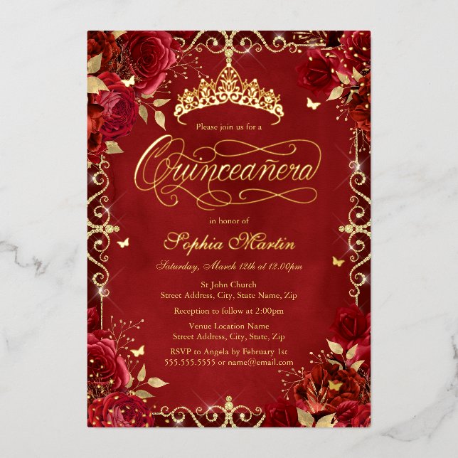 Invitation En Aluminium Royal Red Butterfly Rose Quinceanera (Recto)