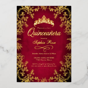 Invitation En Aluminium Royal Red Couronne Florale Quinceanera
