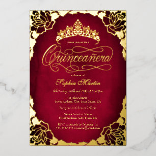 Invitation En Aluminium Royal Red Gold Élégant Rose Script Quinceanera