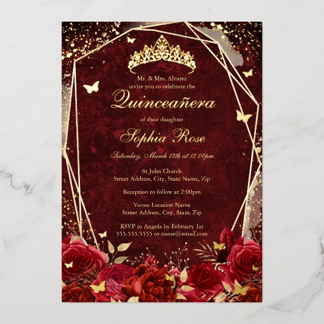Invitation En Aluminium Royal Red Gold Floral Butterfly Tiara Quinceanera (Recto)