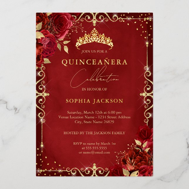 Invitation En Aluminium Royal Red Sparkle Gold Rose Quinceanera (Recto)