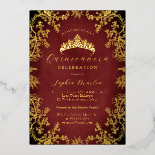Invitation En Aluminium Royal Rouge Élégant Or Quinceanera Vintage