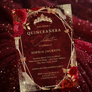 Invitation En Aluminium Royal Rouge Floral Rose Gold Tiara Quinceanera