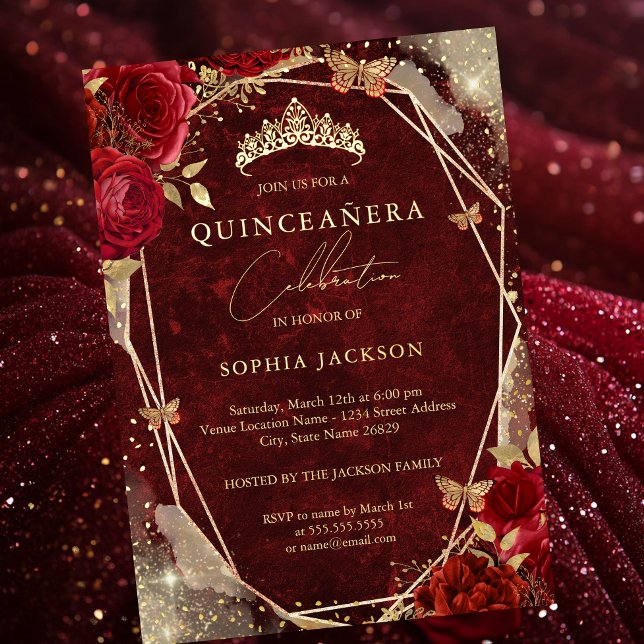 Invitation En Aluminium Royal Rouge Floral Rose Gold Tiara Quinceanera (Créateur téléchargé)