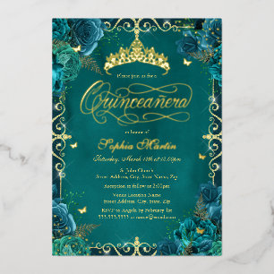 Invitation En Aluminium Royal Turquoise Gold Butterfly Rose Quinceanera