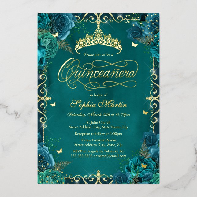 Invitation En Aluminium Royal Turquoise Gold Butterfly Rose Quinceanera (Recto)