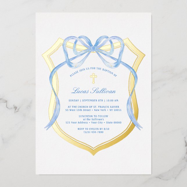 Invitation En Aluminium Ruban bleu clair Couronne dorée Baptême (Recto)
