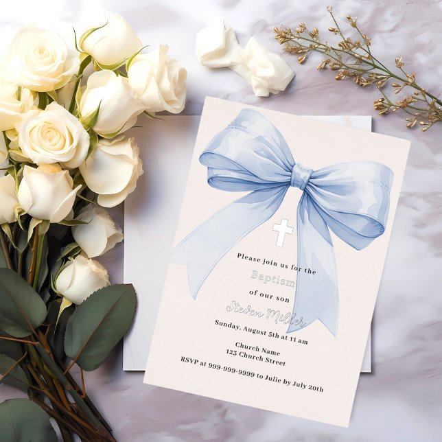 Invitation En Aluminium Ruban bleu crème garçon Baptême argent (Créateur téléchargé)