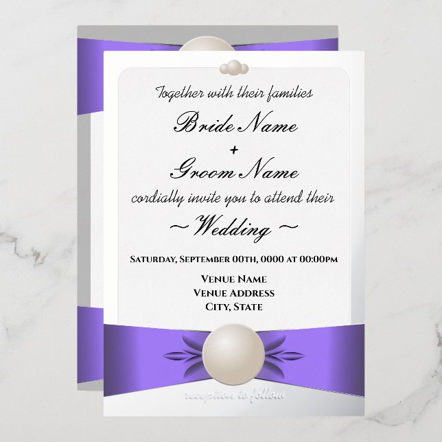 Invitation En Aluminium Ruban de mariage et de réception Lavande et Perle  (Recto/Verso)