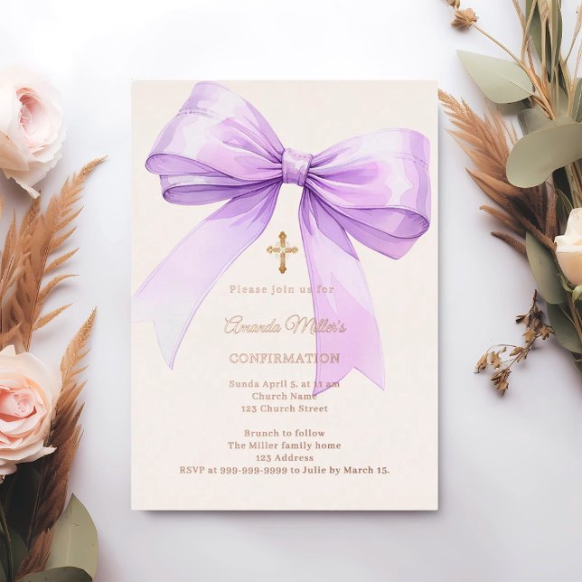 Invitation En Aluminium Ruban lavande crème fille Confirmation or rose (Créateur téléchargé)