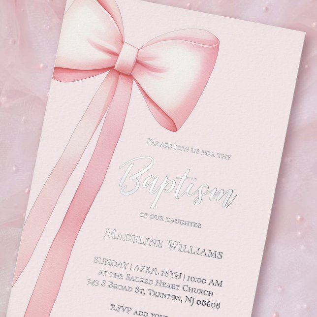 Invitation En Aluminium ruban rose | Baptême (Créateur téléchargé)
