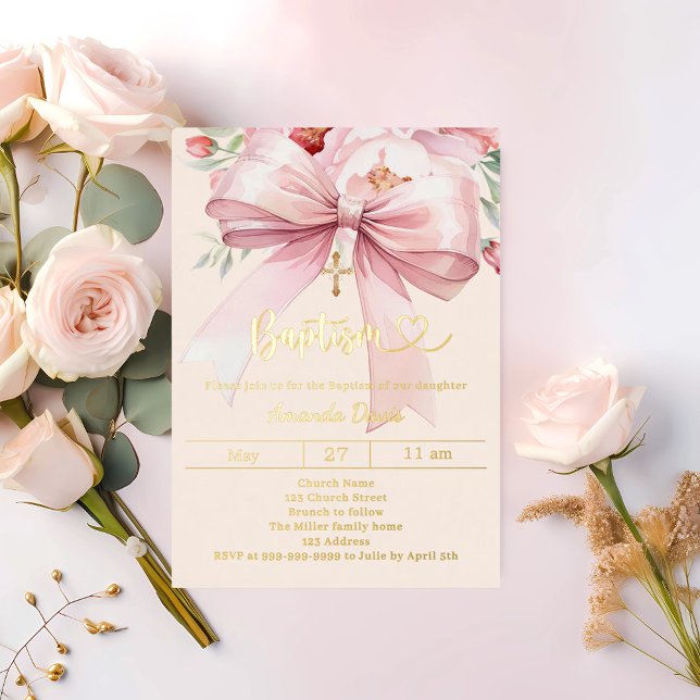 Invitation En Aluminium Ruban rose crème fleurs fille Baptême or (Créateur téléchargé)