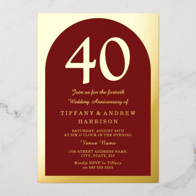 Invitation En Aluminium Ruby Red Bourgogne 40e anniversaire Mariage or (Recto)