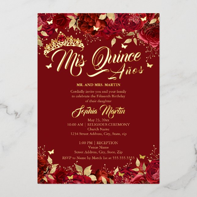 Invitation En Aluminium Ruby Red Gold Rose Mis Quince Quinceanera (Recto)