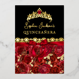 Invitation En Aluminium Ruby Red Gold Rose Quinceanera