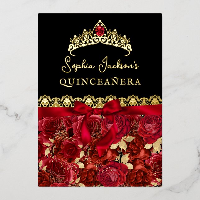 Invitation En Aluminium Ruby Red Gold Rose Quinceanera (Recto)