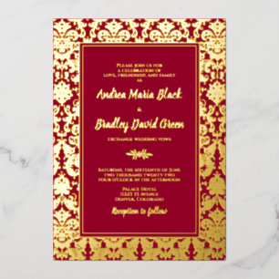 Invitation En Aluminium Ruby Red Real Gold Foil Mariage damassé