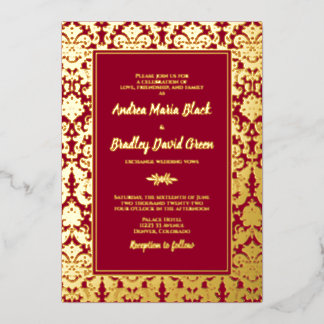 Invitation En Aluminium Ruby Red Real Gold Foil Mariage damassé
