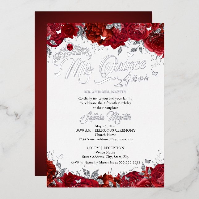 Invitation En Aluminium Ruby Rose Mis Quince Red Silver Quinceanera (Recto/Verso)