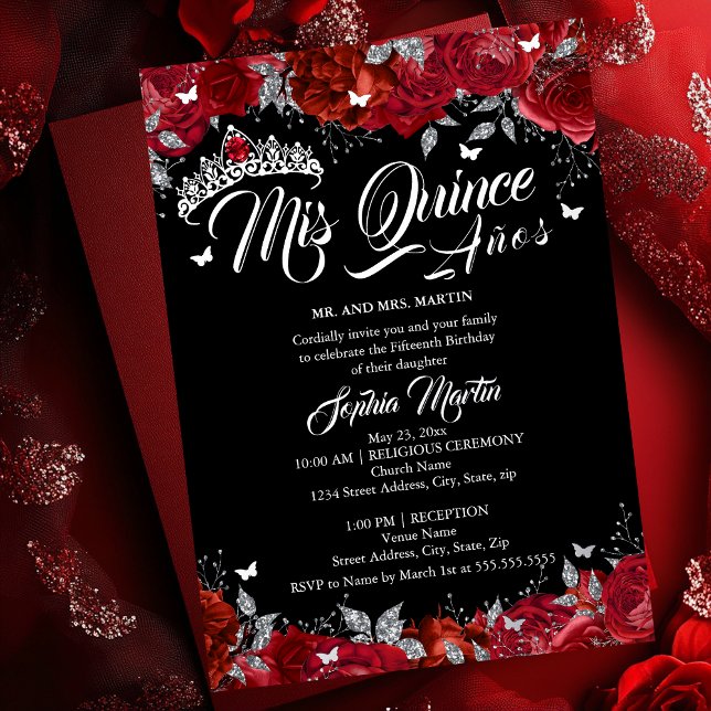 Invitation En Aluminium Ruby Rose Mis Quince Rouge Argent Noir Quinceanera (Créateur téléchargé)