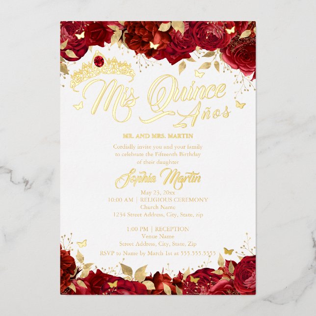 Invitation En Aluminium Ruby Rose Red Mis Quince Gold Quinceanera (Recto)