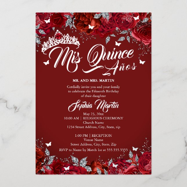 Invitation En Aluminium Ruby Rose Rouge Argent Mis Quince Quinceanera (Recto)