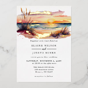 Invitation En Aluminium Russe aquarelle Sunset Beach Mariage