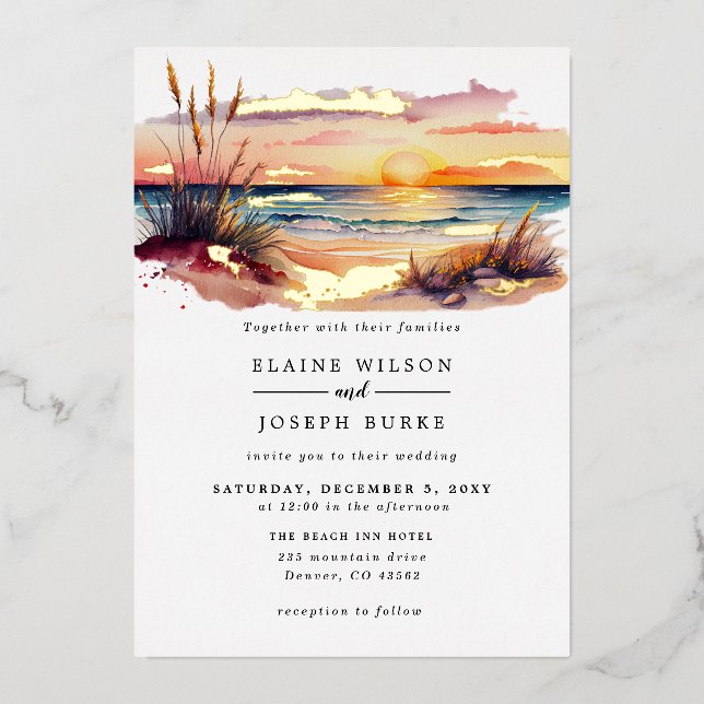 Invitation En Aluminium Russe aquarelle Sunset Beach Mariage (Recto)