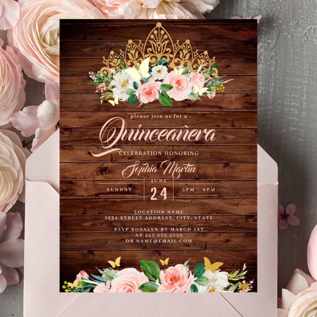 Invitation En Aluminium Russe Blush Floral Tiara Quinceanera (Créateur téléchargé)