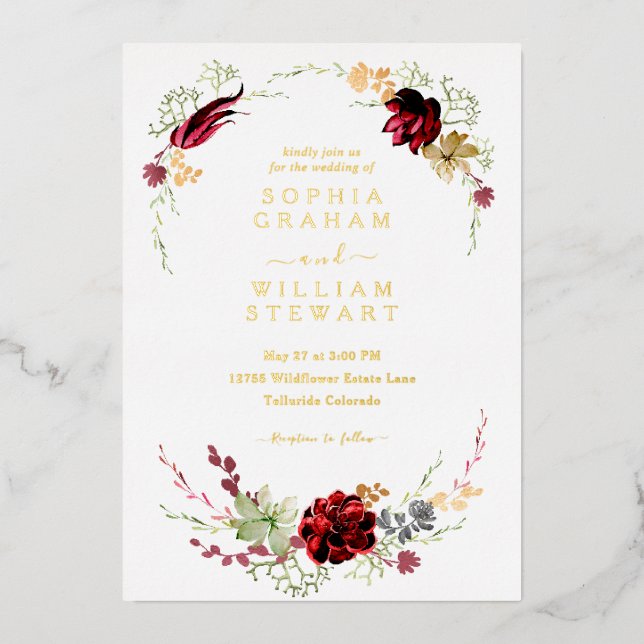 Invitation En Aluminium Russe Burgundy Aquarelle Floral Boho Mariage (Recto)