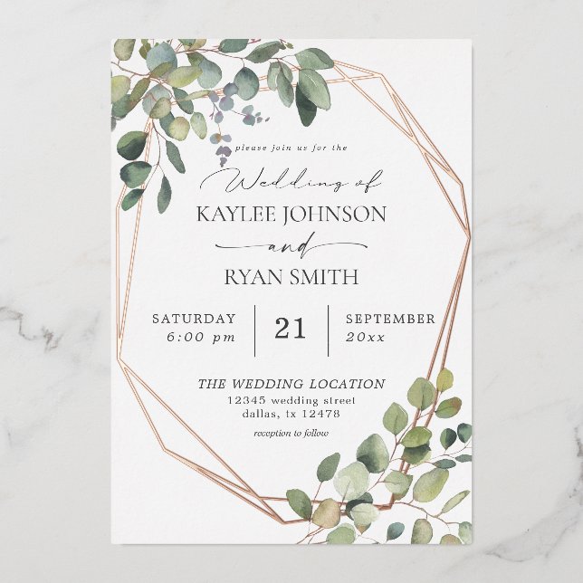 Invitation En Aluminium Russe Eucalyptus & Gold Frame Mariage Real (Recto)