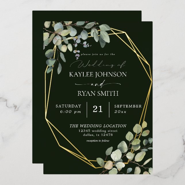 Invitation En Aluminium Russe Eucalyptus & Gold Frame Mariage Vert Real (Recto/Verso)