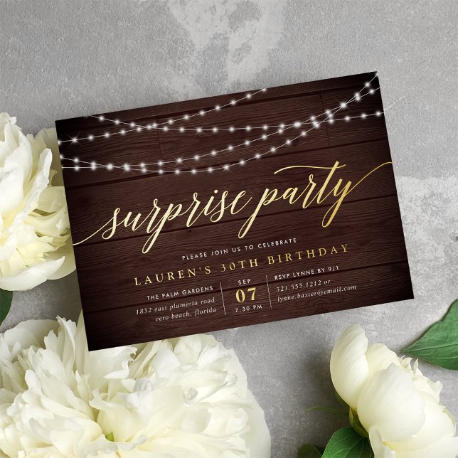Invitation En Aluminium Russe String Lights Surprise Party (Créateur téléchargé)
