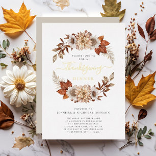 Invitation En Aluminium Russe Taupe Automne Floral Thanksgiving Diner Or