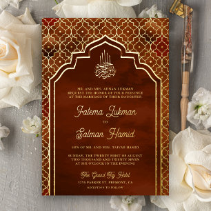 Invitation En Aluminium Rust Orange Marocain Arc Musulman Mariage Or