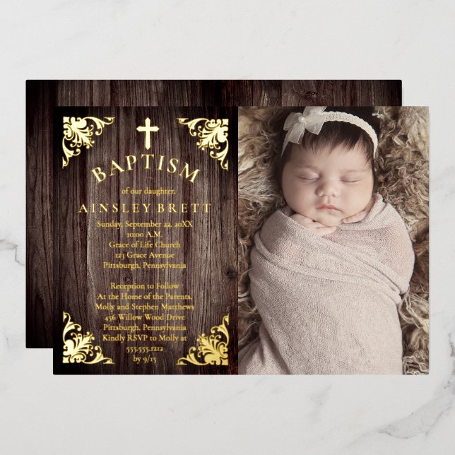Invitation En Aluminium Rustic Country Wood Baby Girl Photo Baptême - Or (Recto/Verso)