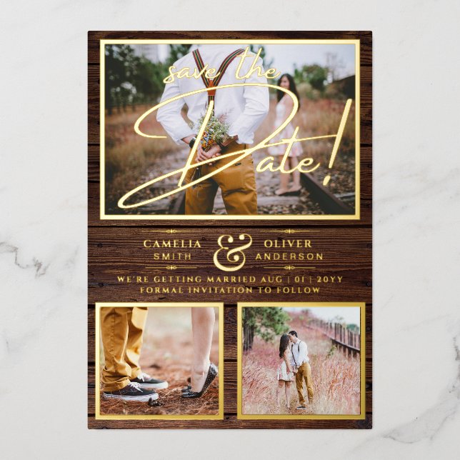 Invitation En Aluminium Rustic GOLD FOIL Photo Collage Bois Enregistrer la (Recto)