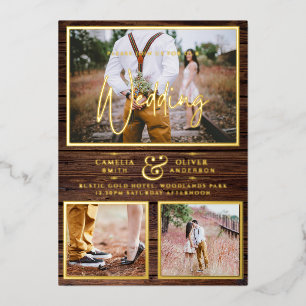 Invitation En Aluminium Rustic GOLD FOIL Photo Collage Mariage en bois